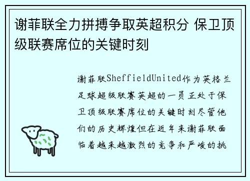 谢菲联全力拼搏争取英超积分 保卫顶级联赛席位的关键时刻 谢菲联全力拼搏争取英超积分 保卫顶级联赛席位的关键时刻
